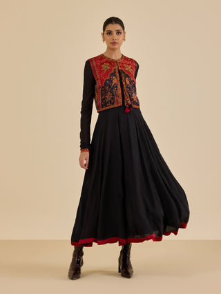 Black and burgundy apsara layered dress and jacket