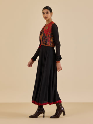 Black and burgundy apsara layered dress and jacket