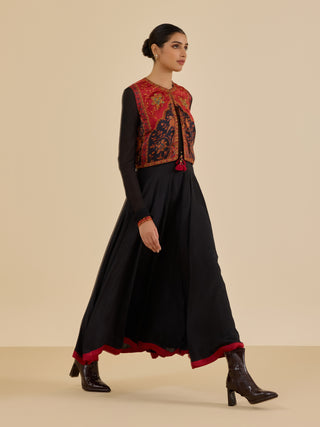 Black and burgundy apsara layered dress and jacket