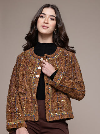 Brown solid full sleeved jacket
