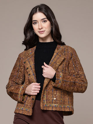 Brown solid full sleeved jacket