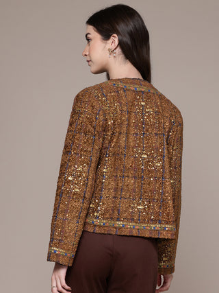 Brown solid full sleeved jacket