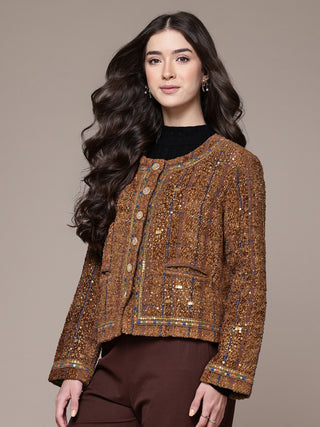 Brown solid full sleeved jacket