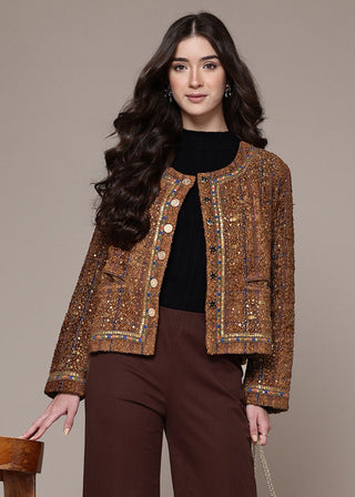 Brown solid full sleeved jacket