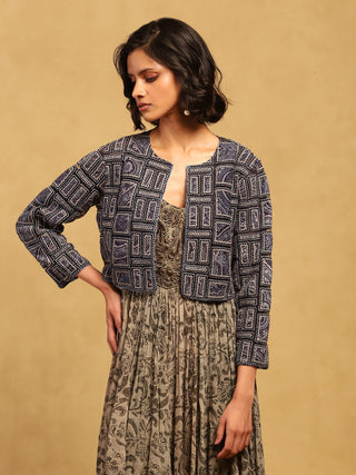 Blue Geo Applique Jacket by Ritu Kumar available on Indiaspopup