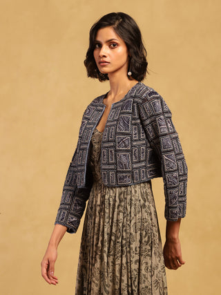 Blue Geo Applique Jacket by Ritu Kumar available on Indiaspopup