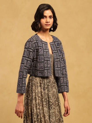 Blue Geo Applique Jacket by Ritu Kumar available on Indiaspopup