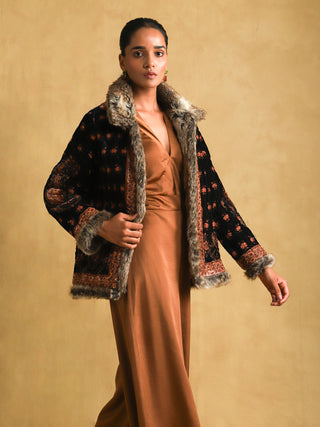 Ritu Kumar-Black Printed Silk Velvet Quilted Jacket-INDIASPOPUP.COM