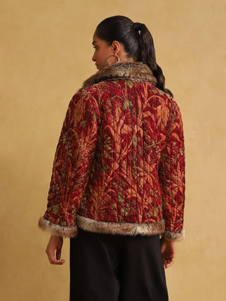 Ritu Kumar-Wine Printed Silk Velvet Quilted Jacket-INDIASPOPUP.COM
