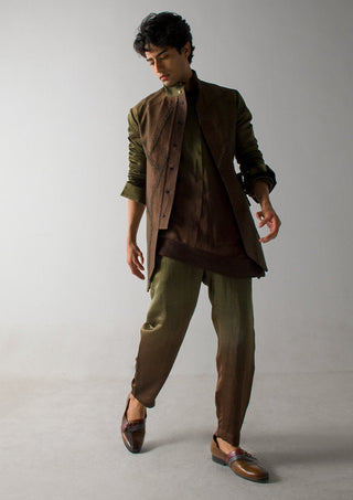 Jatin Malik-Olive Brown Shacket And Trouser Set-INDIASPOPUP.COM