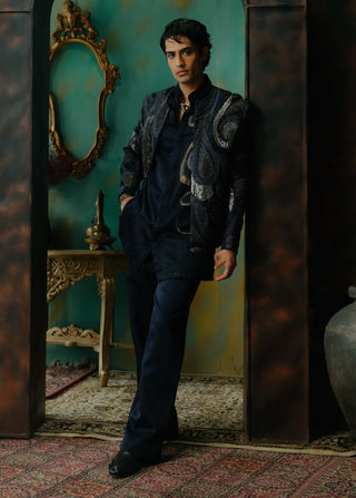 Midnight Blue Embroidered Short Jacket Set