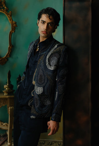 Midnight Blue Embroidered Short Jacket Set