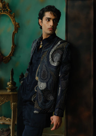 Midnight Blue Embroidered Short Jacket Set