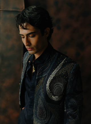 Midnight Blue Embroidered Short Jacket Set