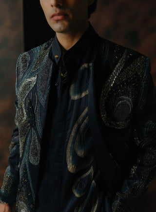 Midnight Blue Embroidered Short Jacket Set