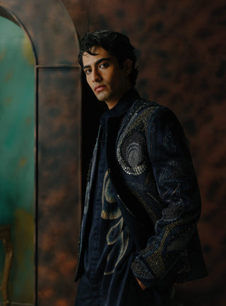 Midnight Blue Embroidered Short Jacket Set