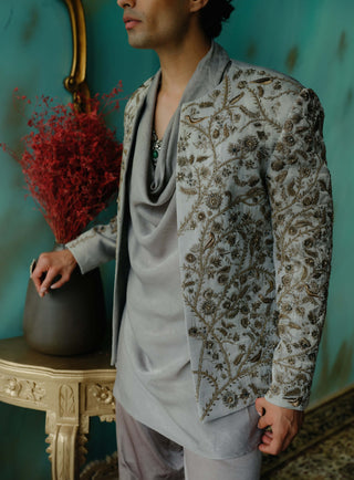 Silver Veil Hand Embroidered Short Jacket Set