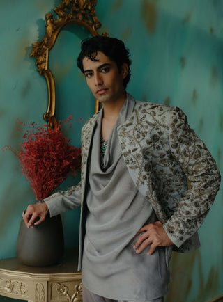 Silver Veil Hand Embroidered Short Jacket Set