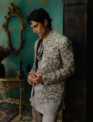Silver Veil Hand Embroidered Short Jacket Set