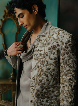 Silver Veil Hand Embroidered Short Jacket Set