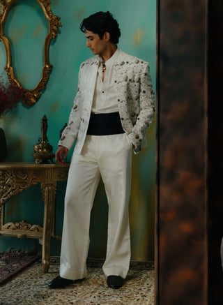 Ivory Hand Embroidered Silk Short Jacket Set
