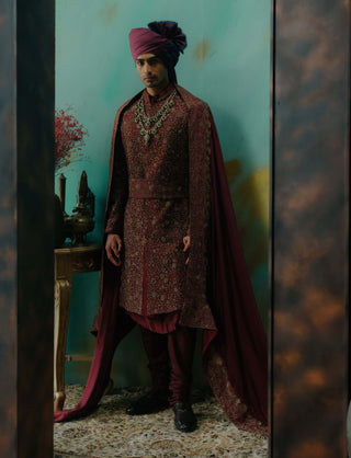 Deep Wine Hand Embroidered Silk Sherwani Set