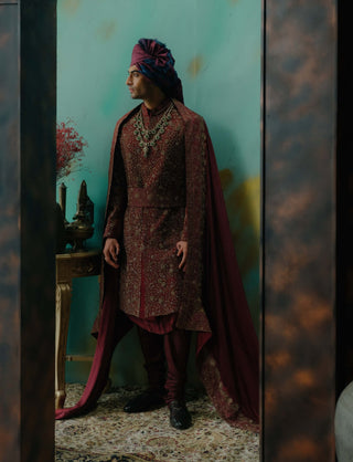 Deep Wine Hand Embroidered Silk Sherwani Set