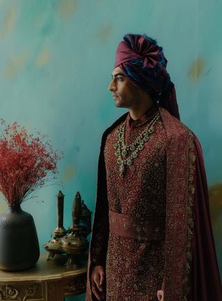 Deep Wine Hand Embroidered Silk Sherwani Set