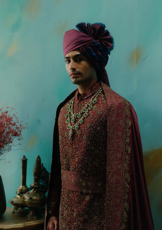 Deep Wine Hand Embroidered Silk Sherwani Set