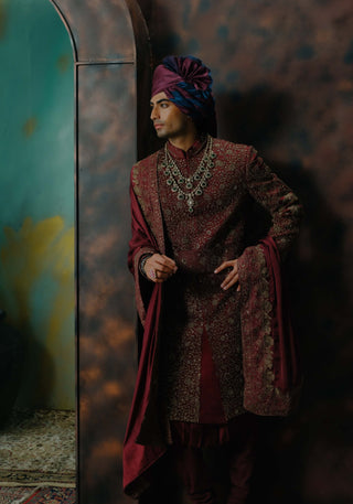 Deep Wine Hand Embroidered Silk Sherwani Set