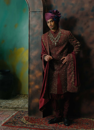 Deep Wine Hand Embroidered Silk Sherwani Set