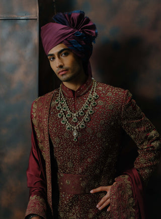 Deep Wine Hand Embroidered Silk Sherwani Set