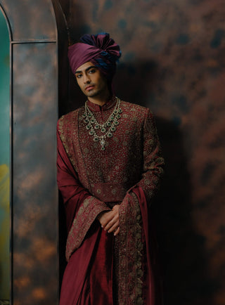 Deep Wine Hand Embroidered Silk Sherwani Set