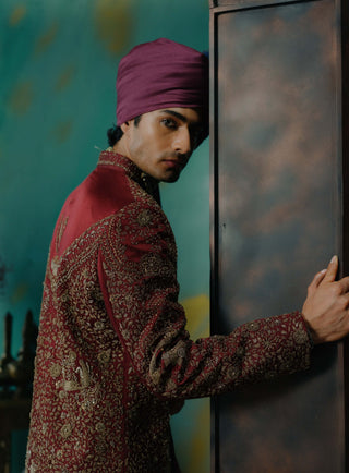 Deep Wine Hand Embroidered Silk Sherwani Set