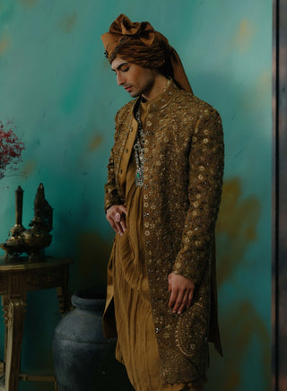 Bronze Hand Embroidered Silk Sherwani Set