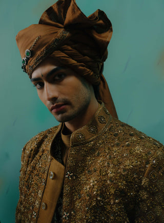 Bronze Hand Embroidered Silk Sherwani Set