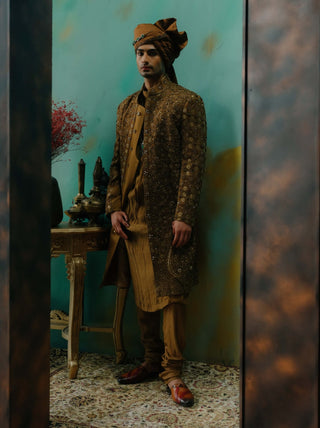 Bronze Hand Embroidered Silk Sherwani Set