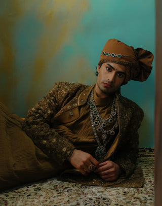 Bronze Hand Embroidered Silk Sherwani Set