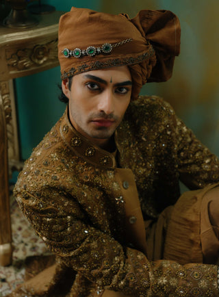 Bronze Hand Embroidered Silk Sherwani Set
