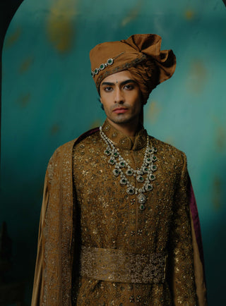 Bronze Hand Embroidered Silk Sherwani Set