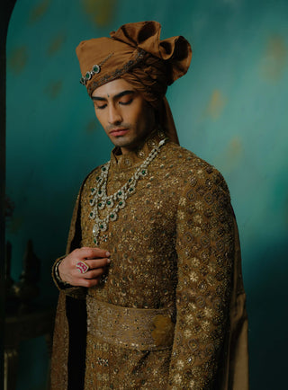 Bronze Hand Embroidered Silk Sherwani Set
