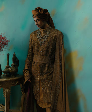 Bronze Hand Embroidered Silk Sherwani Set