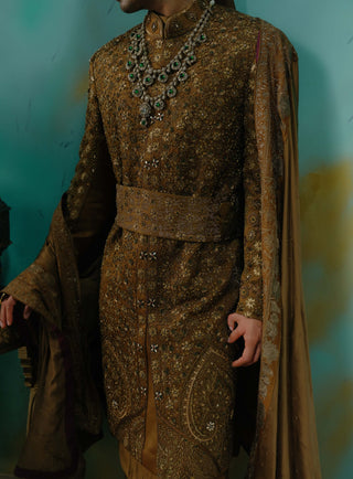 Bronze Hand Embroidered Silk Sherwani Set