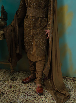 Bronze Hand Embroidered Silk Sherwani Set