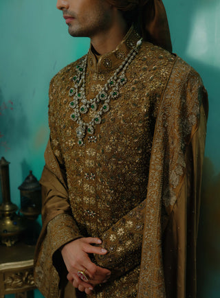 Bronze Hand Embroidered Silk Sherwani Set