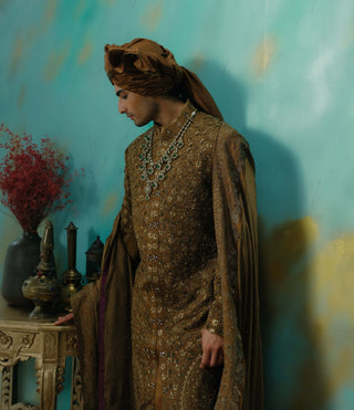 Bronze Hand Embroidered Silk Sherwani Set