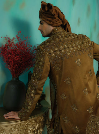 Bronze Hand Embroidered Silk Sherwani Set