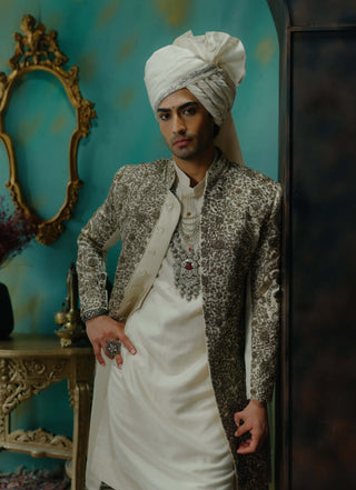 Silver Veil Hand Embroidered Silk Sherwani Set