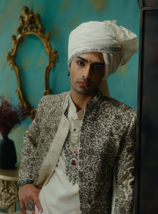 Silver Veil Hand Embroidered Silk Sherwani Set