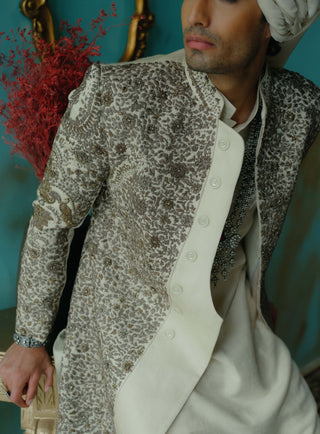 Silver Veil Hand Embroidered Silk Sherwani Set